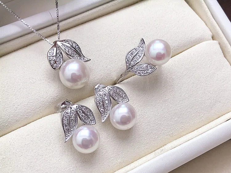 Real Pearl  ring Necklace Earrings For Women,Natural Freshwater White Pearl Jewelry Set 925 Sterling Silver Jewelry Sets Gift