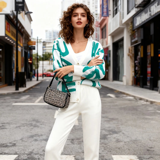 Knit Sweater 3 Piece Set Women Knitted Vest Cardigan Pencil Pants Suit Matching Sets Print Single Breasted Coat Knit Outfits