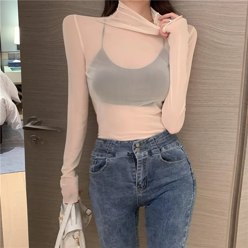 Mesh T Shirts Women Transparent Tops Long Sleeve Slim Turtleneck Stretchy T-Shirt Autumn Tees