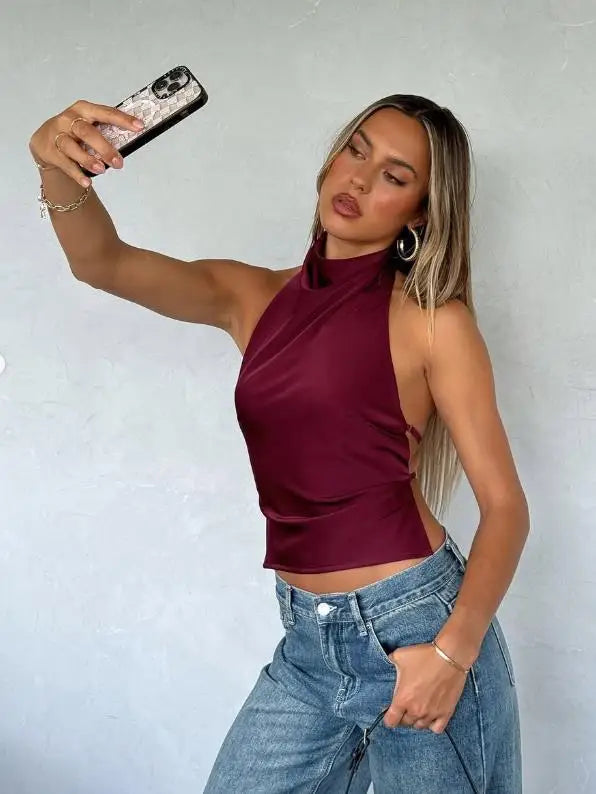 Women's Halter Neck Satin Tops Sleeveless Backless Solid Color Slim Fit Tops Summer Shirts