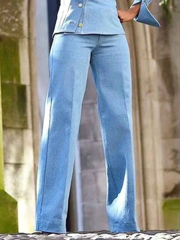 Beautyblue Women's Straight Trousers Blue Pants Casual 2025 New Spring High Waist Pure Cotton Female Bottom for Office Commute