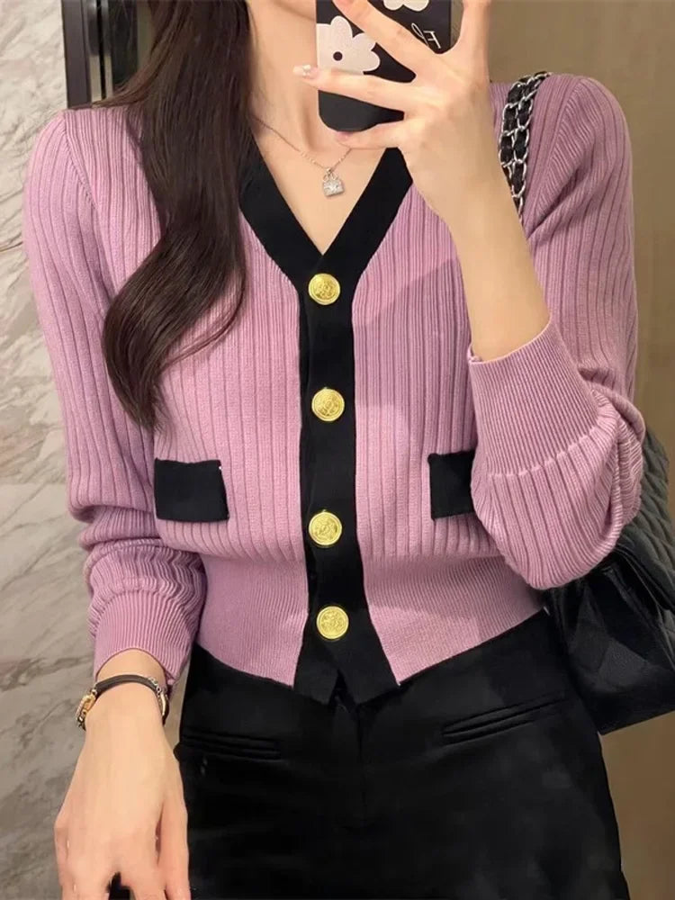 Women Clothing Knitwear Cropped Cardigan Coat V-neck Tunic Fashion Sueter Mujer Korean Casual Knitted Sweater Pull Femme