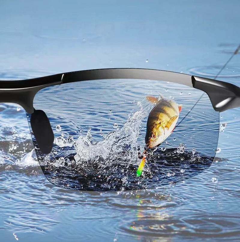 Men Sun Glasses Fishing Driving Fashion Sunglasses Anti-radiation Slim Light Changing Color Glasses Artistic Retro Metal Frame