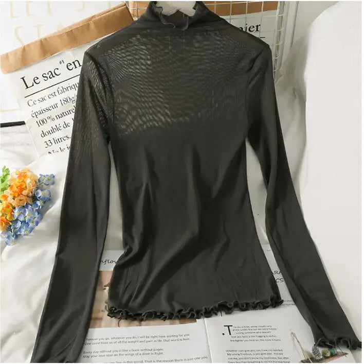 Mesh T Shirts Women Transparent Tops Long Sleeve Slim Turtleneck Stretchy T-Shirt Autumn Tees