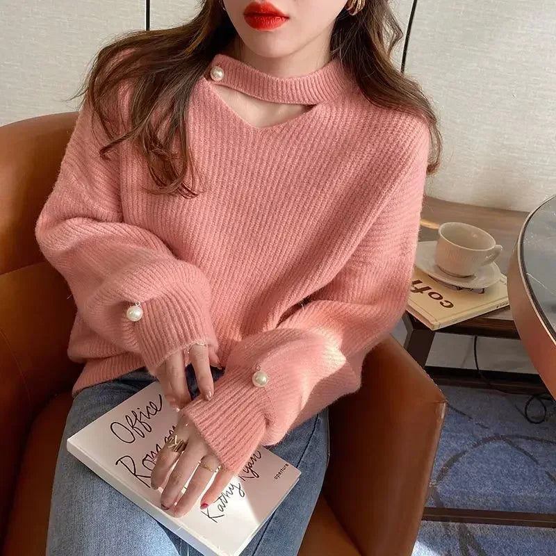 Knit Tops for Woman Red V-neck Women's Sweater Pullovers Crochet Cold Winter Y2k Fashion Korea Vintage New in Warm Knitwear 90s