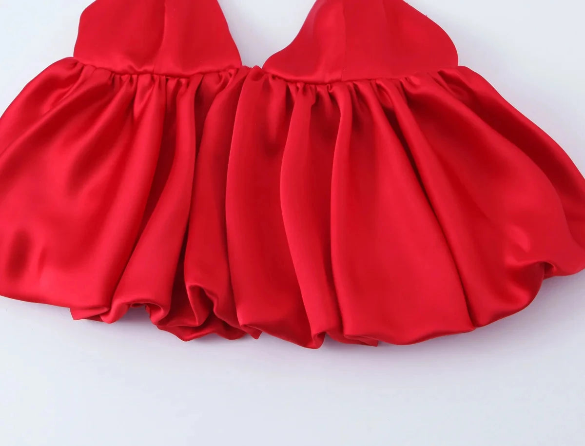 HH Female Summer Fashion Satin Texture Red Sling Tops V-Neck Solid Sleeveless Backless Elegant Pleated Sexy Party Tank Tops