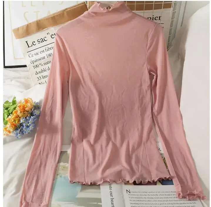Mesh T Shirts Women Transparent Tops Long Sleeve Slim Turtleneck Stretchy T-Shirt Autumn Tees