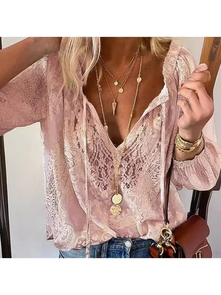 Women's Blouses Fashion Boho Lace Hollow Out Deep V Neck Pullover Shirt Women Elegant Casual Blouse Female Tops Spring Summer