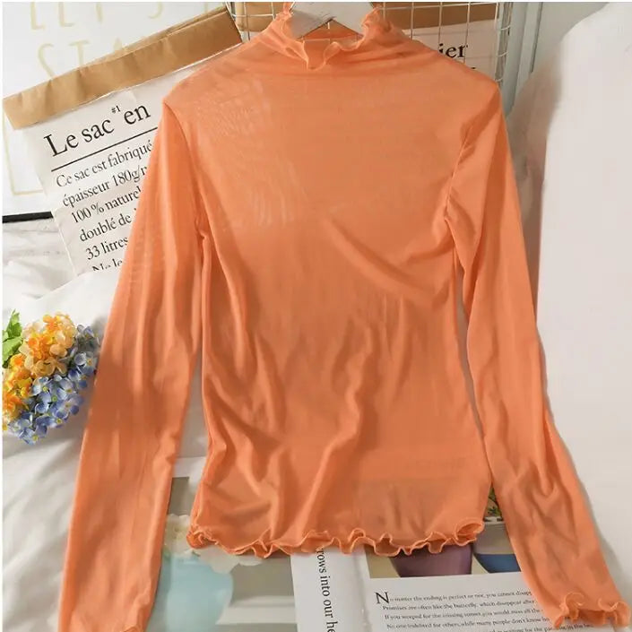 Mesh T Shirts Women Transparent Tops Long Sleeve Slim Turtleneck Stretchy T-Shirt Autumn Tees
