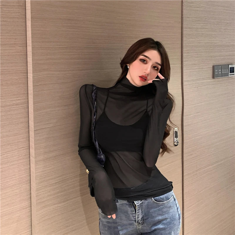 Mesh T Shirts Women Transparent Tops Long Sleeve Slim Turtleneck Stretchy T-Shirt Autumn Tees