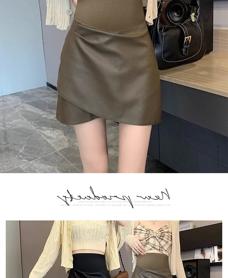 Irregular Bottoms PU Skirts for Maternity Autumn Winter Elastic Waist belly Pencil Clothes for Pregnant Women Youth Pregnancy