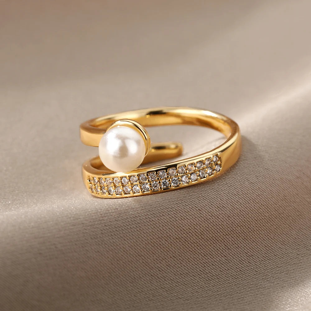 Pearl Collection Gold Color Copper Zirconia Rings For Women Classic Adjustable Moon Open Ring  Fashion Aesthetic Jewelry Gifts