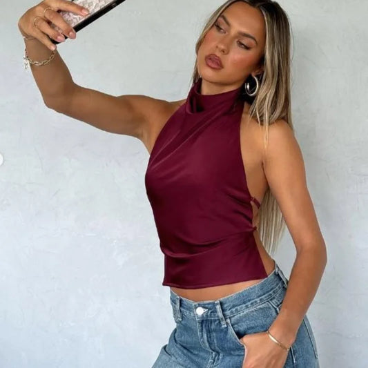 Women's Halter Neck Satin Tops Sleeveless Backless Solid Color Slim Fit Tops Summer Shirts