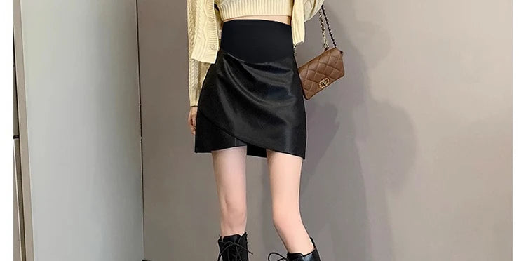 Irregular Bottoms PU Skirts for Maternity Autumn Winter Elastic Waist belly Pencil Clothes for Pregnant Women Youth Pregnancy