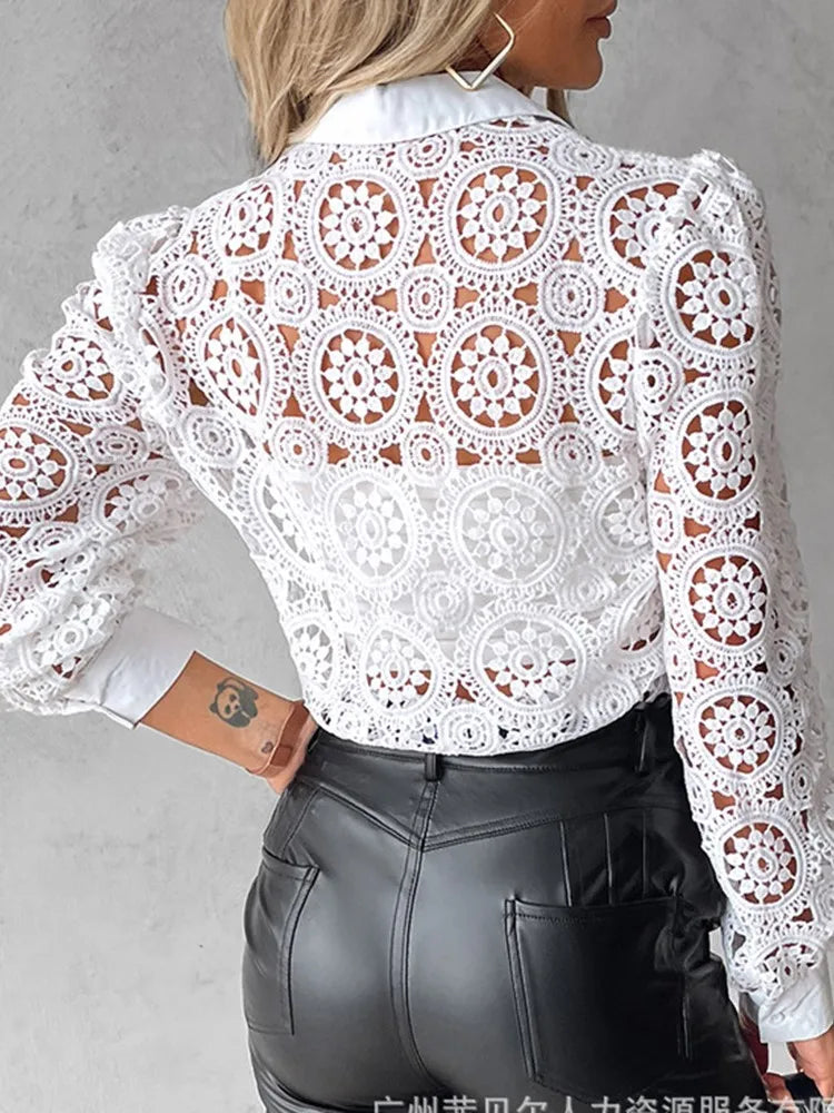 Lace Blouses For Women Elegant Office White Shirt Long Sleeve Button Turn-down Collar Sexy Hollow Tops Fashion Women's Clothing