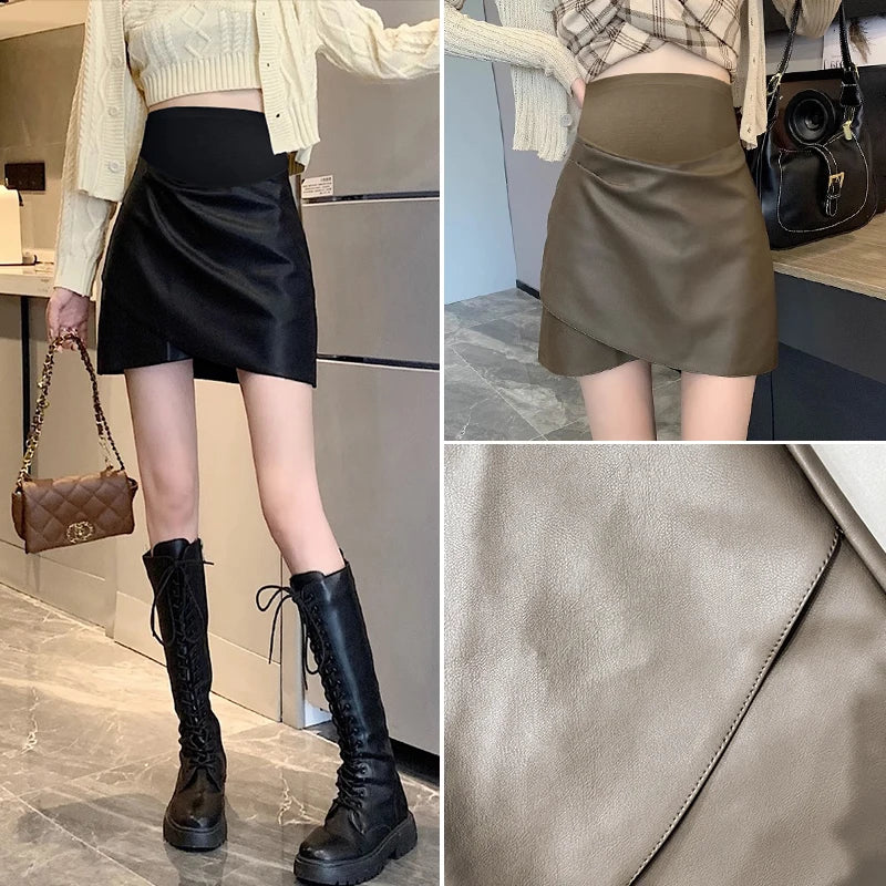 Irregular Bottoms PU Skirts for Maternity Autumn Winter Elastic Waist belly Pencil Clothes for Pregnant Women Youth Pregnancy