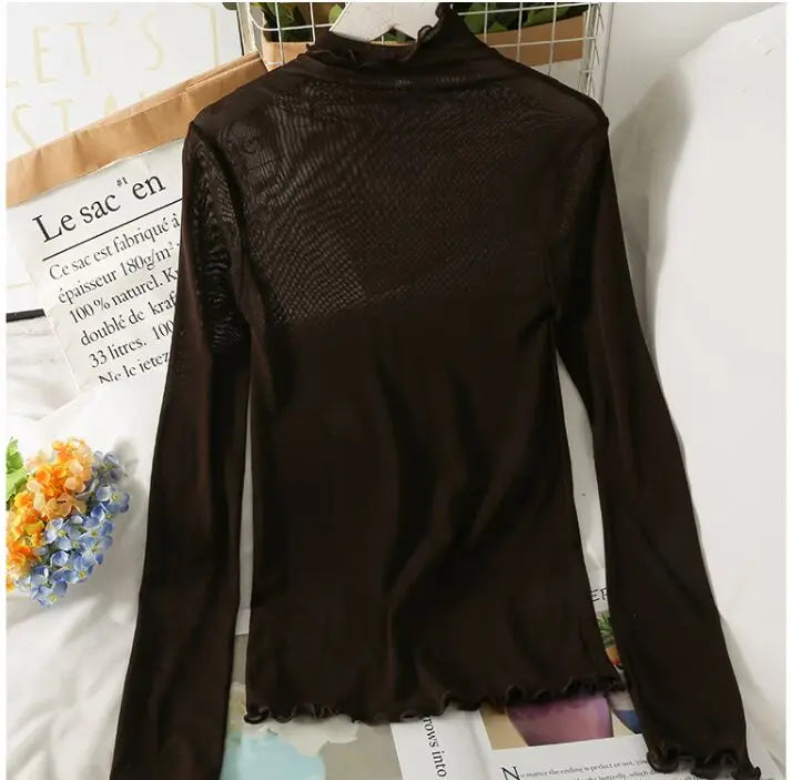 Mesh T Shirts Women Transparent Tops Long Sleeve Slim Turtleneck Stretchy T-Shirt Autumn Tees