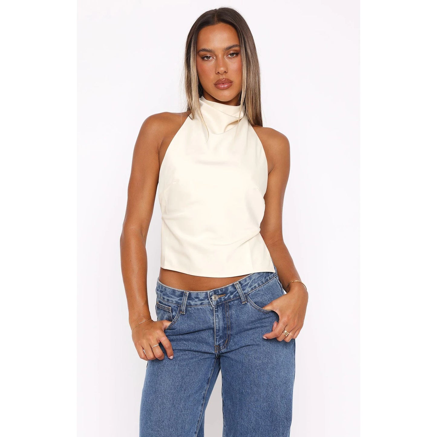 Women's Halter Neck Satin Tops Sleeveless Backless Solid Color Slim Fit Tops Summer Shirts