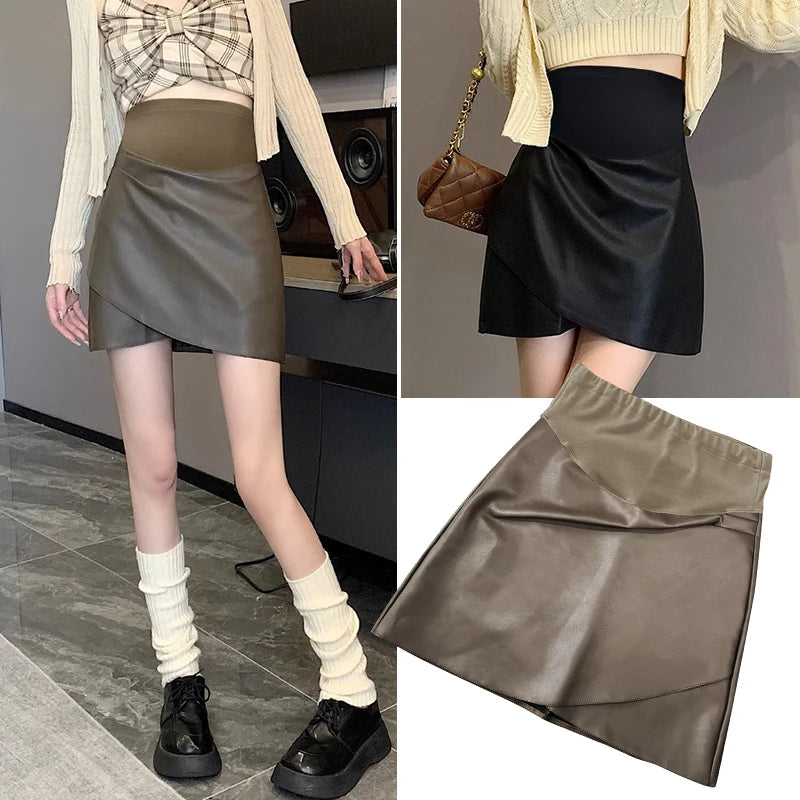 Irregular Bottoms PU Skirts for Maternity Autumn Winter Elastic Waist belly Pencil Clothes for Pregnant Women Youth Pregnancy