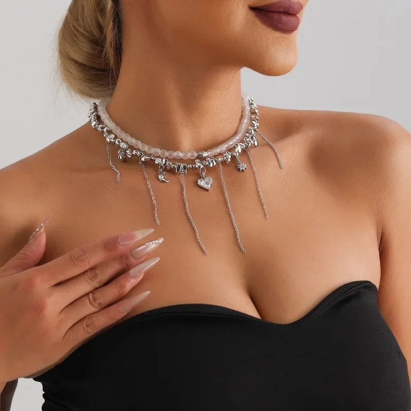 Layered Necklaces Heart Pendant Chain Jewellery Women Y2k Choker Glass Neck Collier Colar Feminino Cadenas Para Mujer for Girls