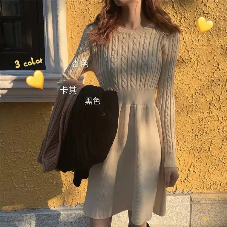 Knitted Dress for Women in Autumn Winter French Temperament Waist-hugging Base Underwear with Coat Sweater Skirt