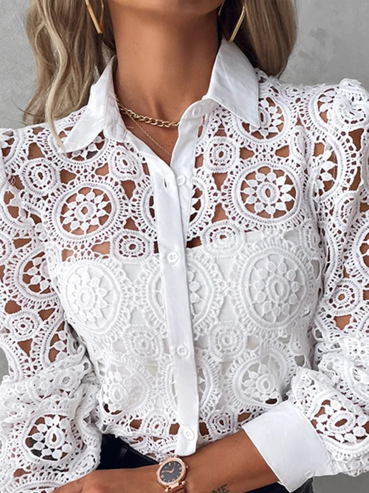 Lace Blouses For Women Elegant Office White Shirt Long Sleeve Button Turn-down Collar Sexy Hollow Tops Fashion Women's Clothing