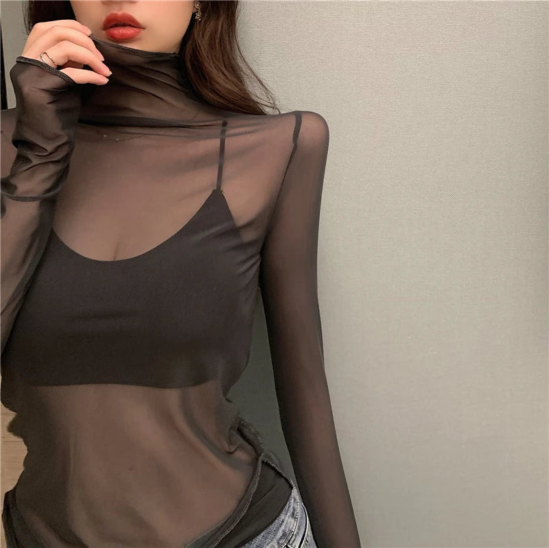 Mesh T Shirts Women Transparent Tops Long Sleeve Slim Turtleneck Stretchy T-Shirt Autumn Tees