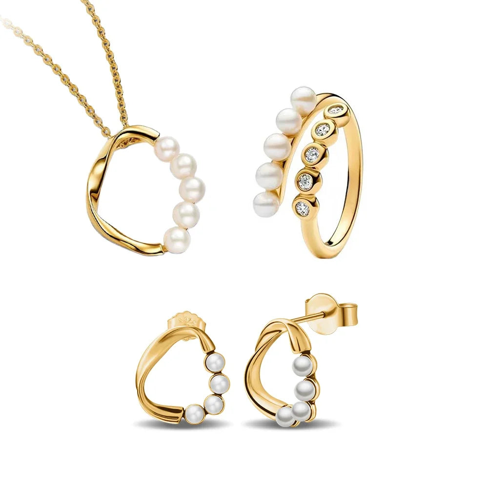 Sterling Silver 925 Gold Treated Freshwater Pearl Collection Earrings Necklace Rings for Women Fine Jewelry Gifts