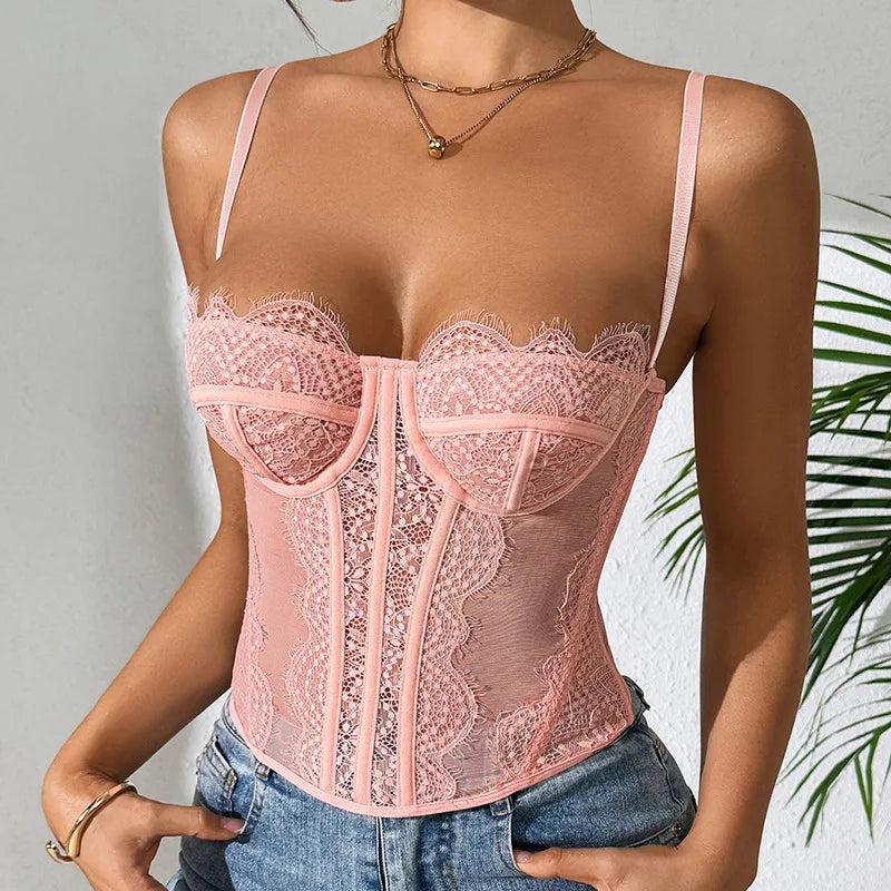 Women Lace Corset Tops Sexy Sheer Mesh Spaghetti Strap Fishbone Summer Bustier Top Y2K Going Out Night Club Party Concert Tops