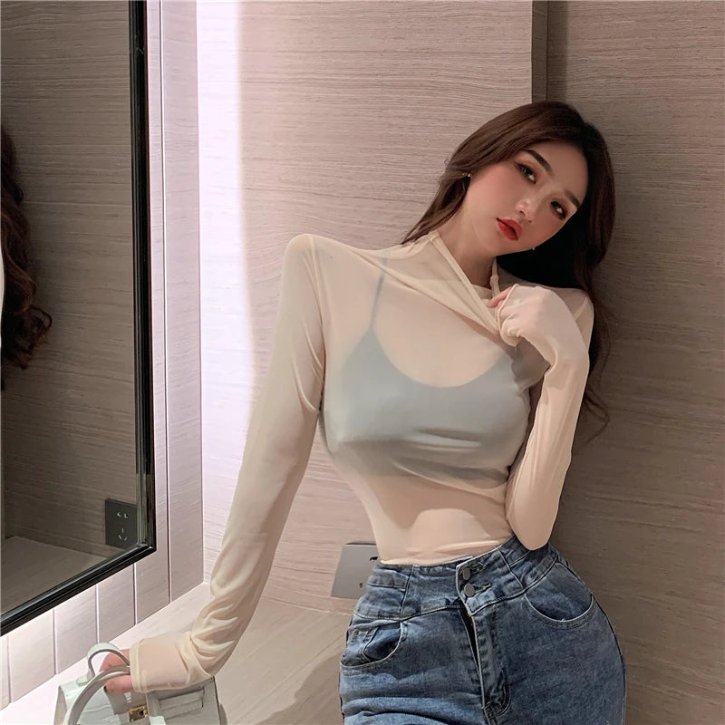 Mesh T Shirts Women Transparent Tops Long Sleeve Slim Turtleneck Stretchy T-Shirt Autumn Tees