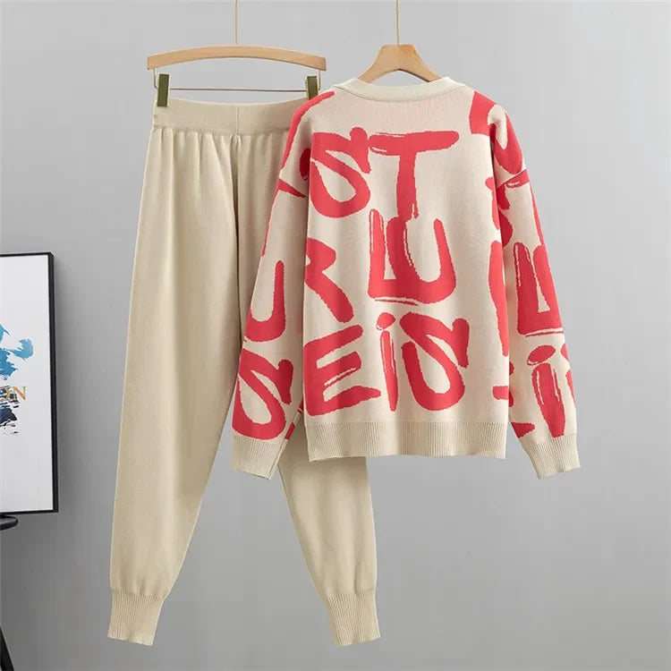 Knit Sweater 3 Piece Set Women Knitted Vest Cardigan Pencil Pants Suit Matching Sets Print Single Breasted Coat Knit Outfits