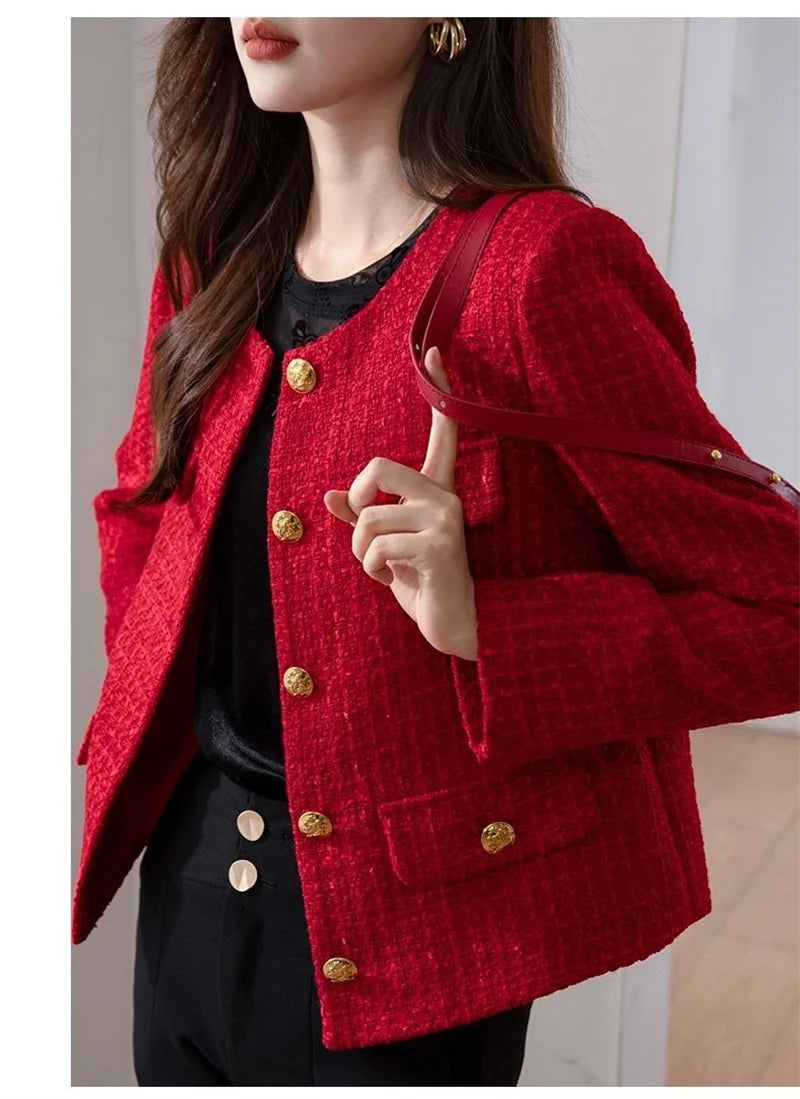 Women's Jacket 2025 New Autumn Fashion Red Tweed Small Fragrance Coat Ladies Short Blazers Korean Elegant Female Tops Outerwear