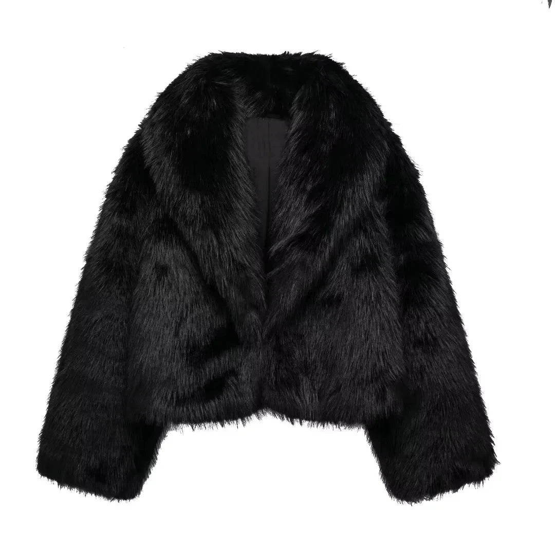 MUJER Black Faux Fur Coat for Women Autumn Winter Plush Coats and Jackets Streetwear Outerwears Long Sleeve Warm Womens Coats