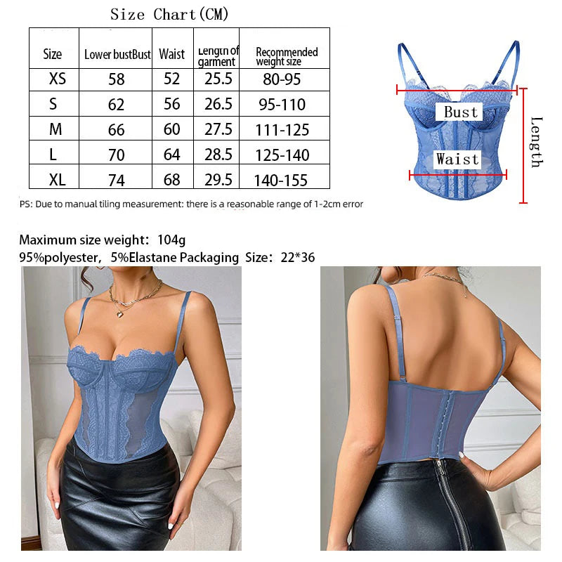 Women Lace Corset Tops Sexy Sheer Mesh Spaghetti Strap Fishbone Summer Bustier Top Y2K Going Out Night Club Party Concert Tops