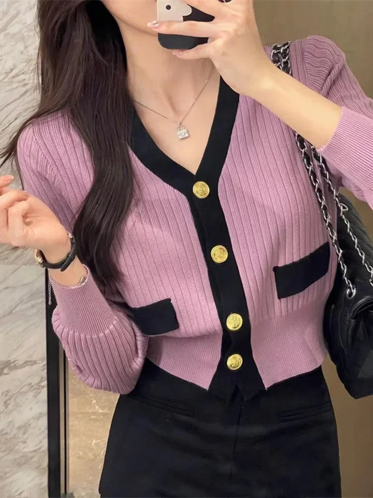 Women Clothing Knitwear Cropped Cardigan Coat V-neck Tunic Fashion Sueter Mujer Korean Casual Knitted Sweater Pull Femme