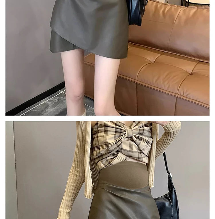 Irregular Bottoms PU Skirts for Maternity Autumn Winter Elastic Waist belly Pencil Clothes for Pregnant Women Youth Pregnancy