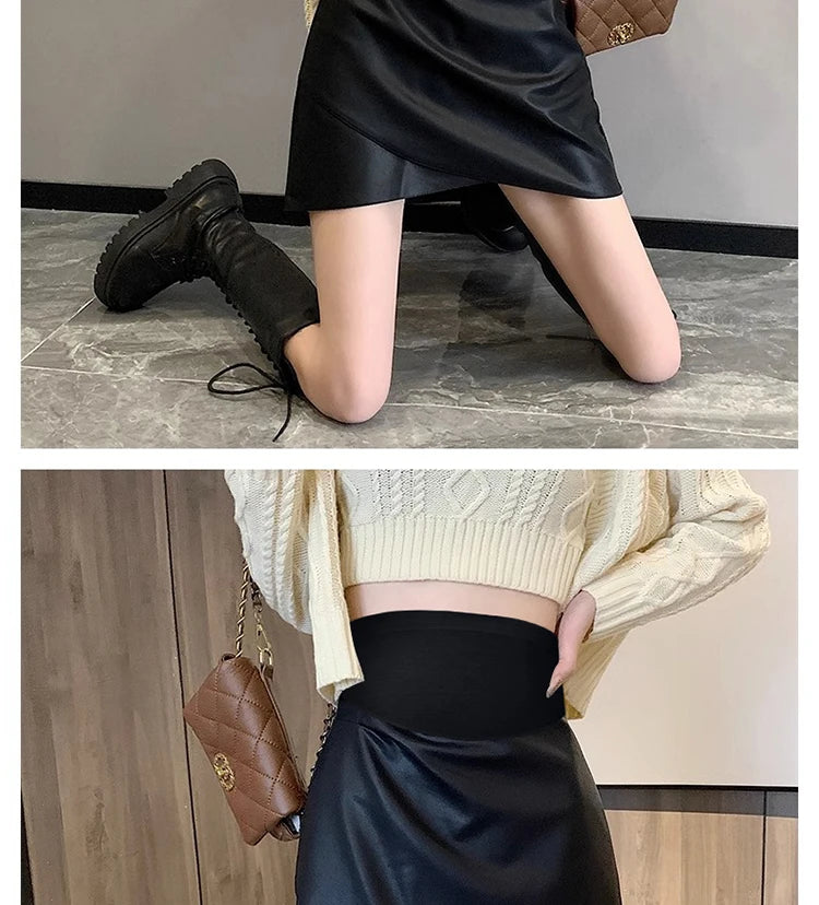 Irregular Bottoms PU Skirts for Maternity Autumn Winter Elastic Waist belly Pencil Clothes for Pregnant Women Youth Pregnancy