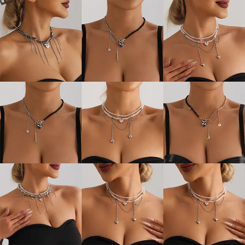 Layered Necklaces Heart Pendant Chain Jewellery Women Y2k Choker Glass Neck Collier Colar Feminino Cadenas Para Mujer for Girls