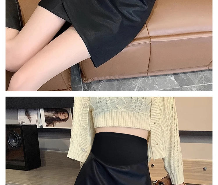 Irregular Bottoms PU Skirts for Maternity Autumn Winter Elastic Waist belly Pencil Clothes for Pregnant Women Youth Pregnancy
