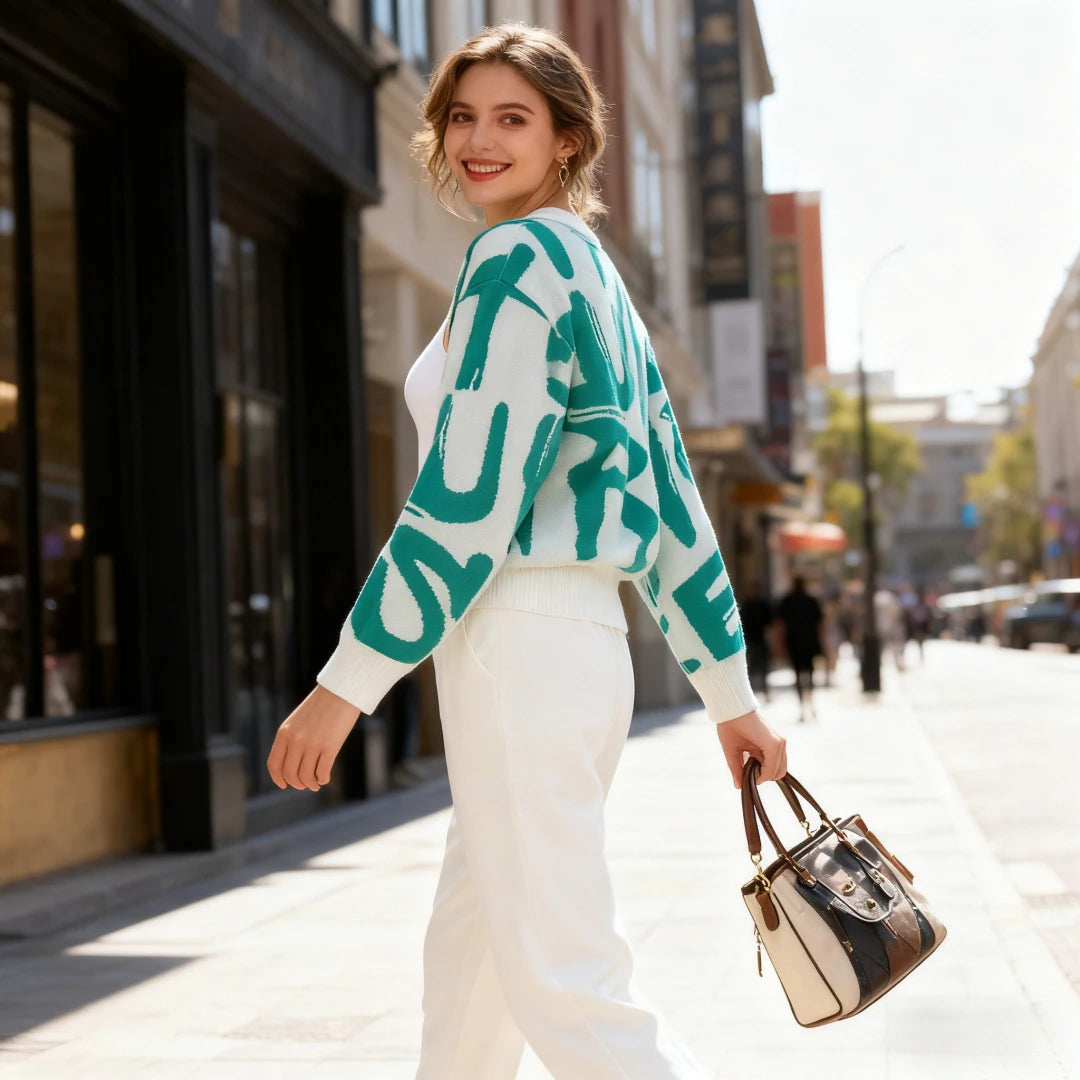 Knit Sweater 3 Piece Set Women Knitted Vest Cardigan Pencil Pants Suit Matching Sets Print Single Breasted Coat Knit Outfits