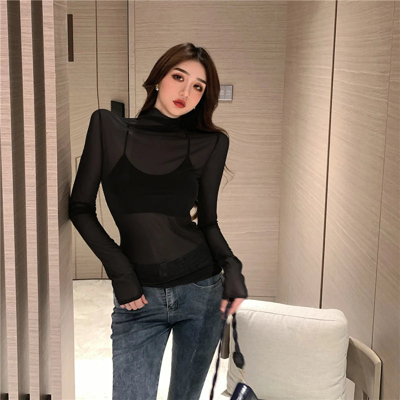 Mesh T Shirts Women Transparent Tops Long Sleeve Slim Turtleneck Stretchy T-Shirt Autumn Tees