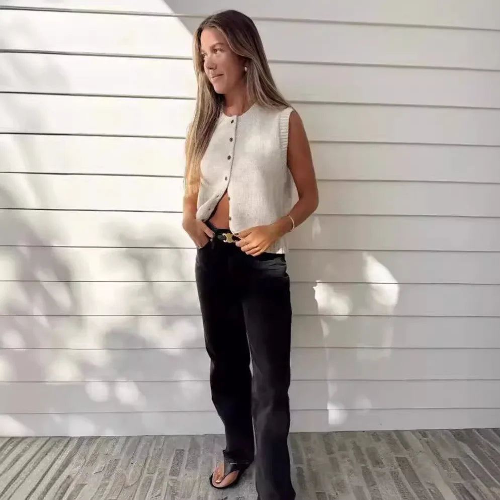 Knitted Vests Top For Women Casual Single-Breasted Knitwear Cardigan Tank Sweater Female Solid Sleeveless 2024 Fashion