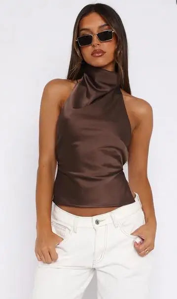 Women's Halter Neck Satin Tops Sleeveless Backless Solid Color Slim Fit Tops Summer Shirts