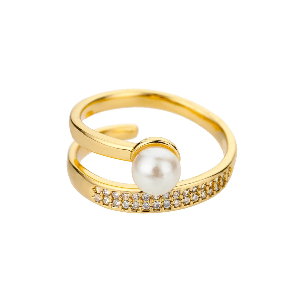 Pearl Collection Gold Color Copper Zirconia Rings For Women Classic Adjustable Moon Open Ring  Fashion Aesthetic Jewelry Gifts