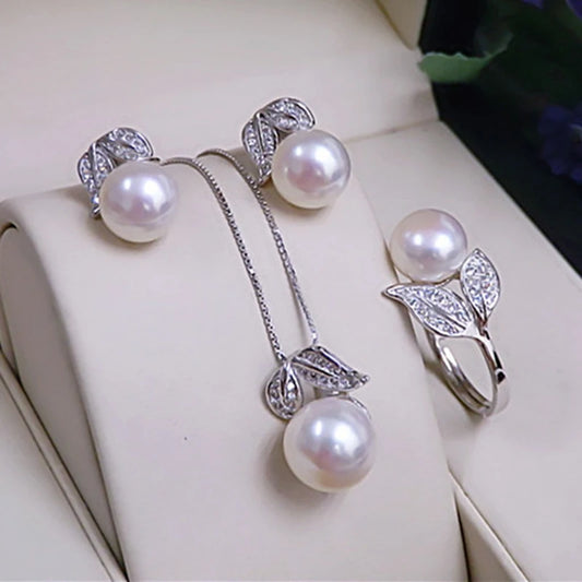 Real Pearl  ring Necklace Earrings For Women,Natural Freshwater White Pearl Jewelry Set 925 Sterling Silver Jewelry Sets Gift
