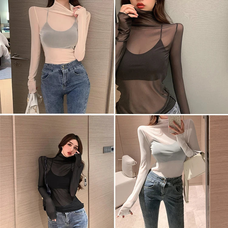 Mesh T Shirts Women Transparent Tops Long Sleeve Slim Turtleneck Stretchy T-Shirt Autumn Tees