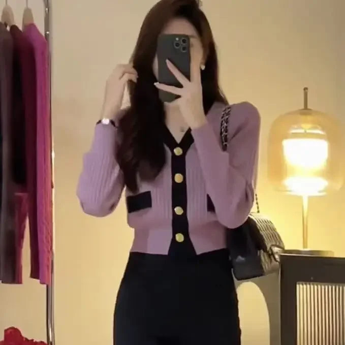 Women Clothing Knitwear Cropped Cardigan Coat V-neck Tunic Fashion Sueter Mujer Korean Casual Knitted Sweater Pull Femme