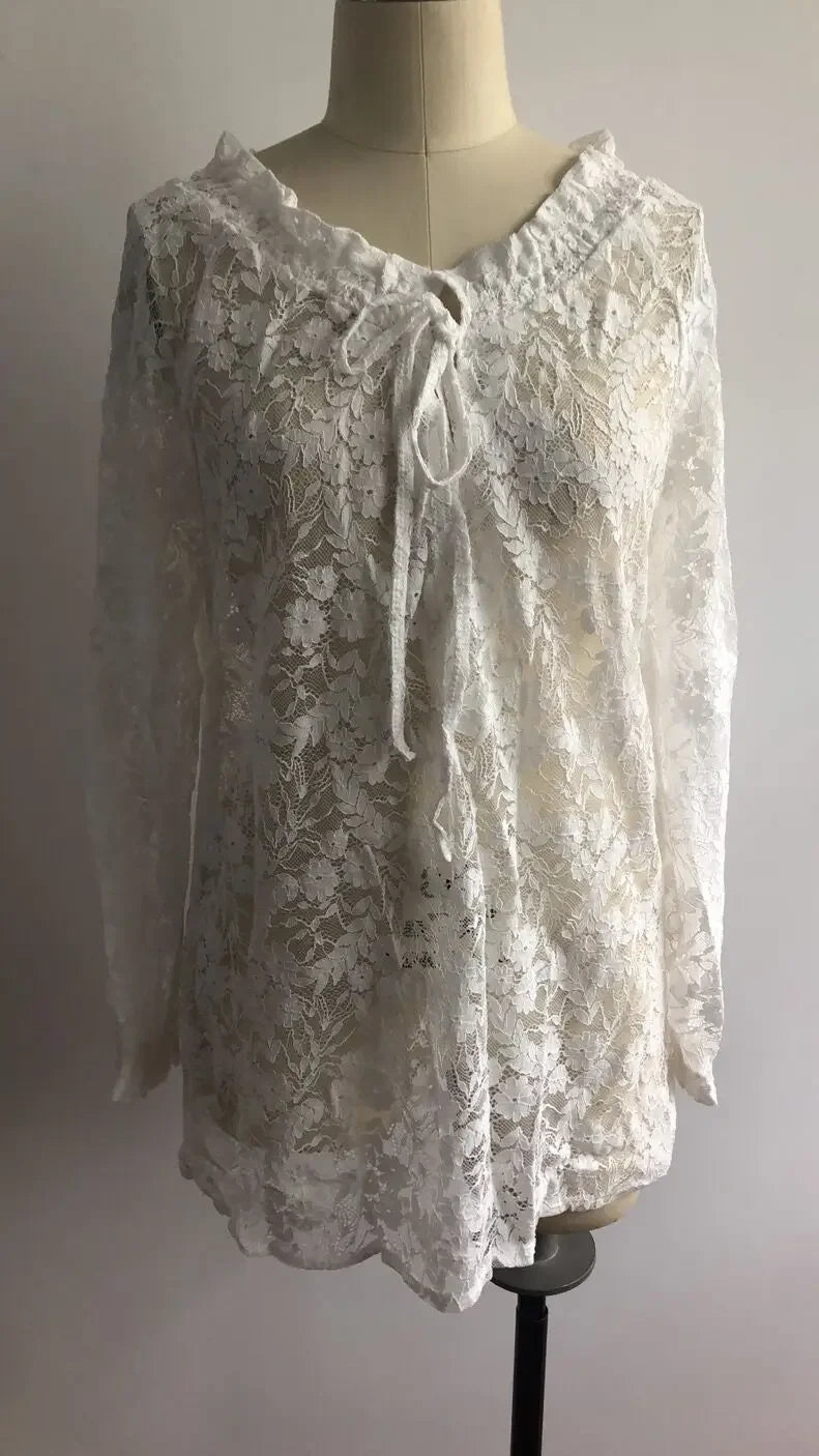 Women's Blouses Fashion Boho Lace Hollow Out Deep V Neck Pullover Shirt Women Elegant Casual Blouse Female Tops Spring Summer