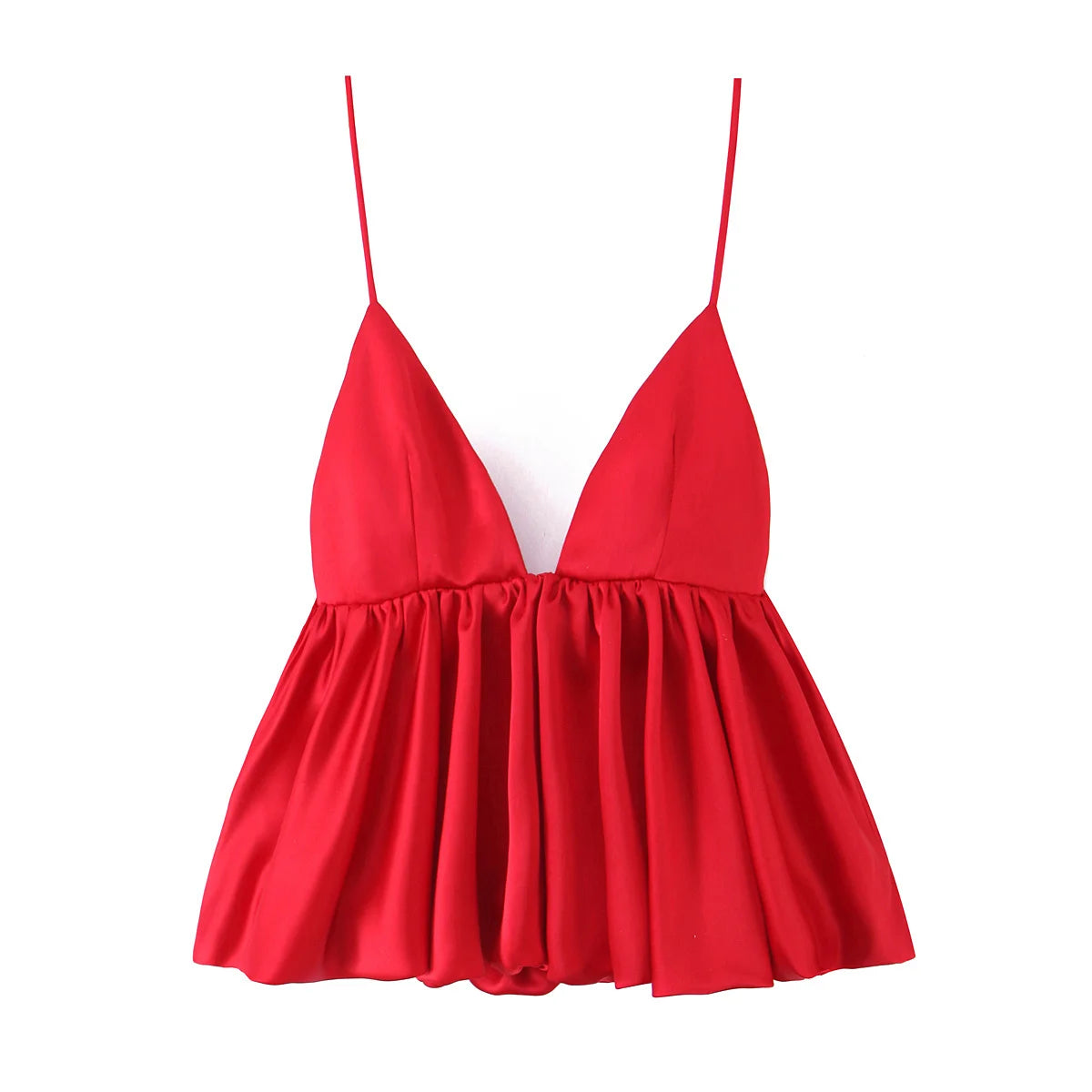 HH Female Summer Fashion Satin Texture Red Sling Tops V-Neck Solid Sleeveless Backless Elegant Pleated Sexy Party Tank Tops