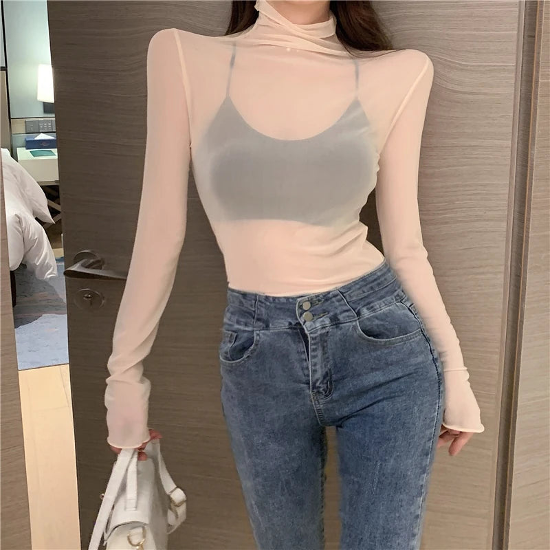 Mesh T Shirts Women Transparent Tops Long Sleeve Slim Turtleneck Stretchy T-Shirt Autumn Tees